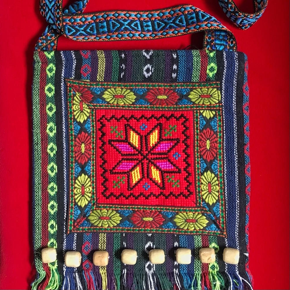 Hand Crafted Woven Hippie Crossbody Wood Beads Accent Fringe Trim Boho Hobo Bag